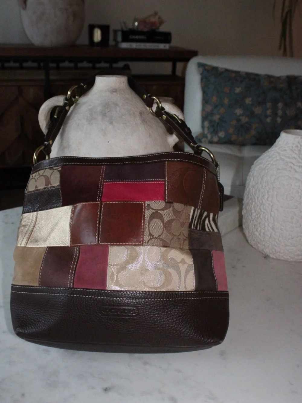 Coach Brown Patchwork Signature Canvas & Leather Shoulder Bag with Gold Hardware